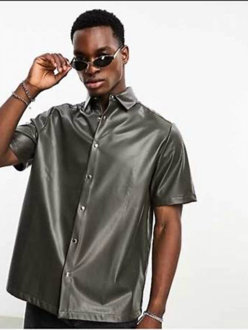 ASOS Men's Short Sleeve Faux Leather Shirt - Olive Green